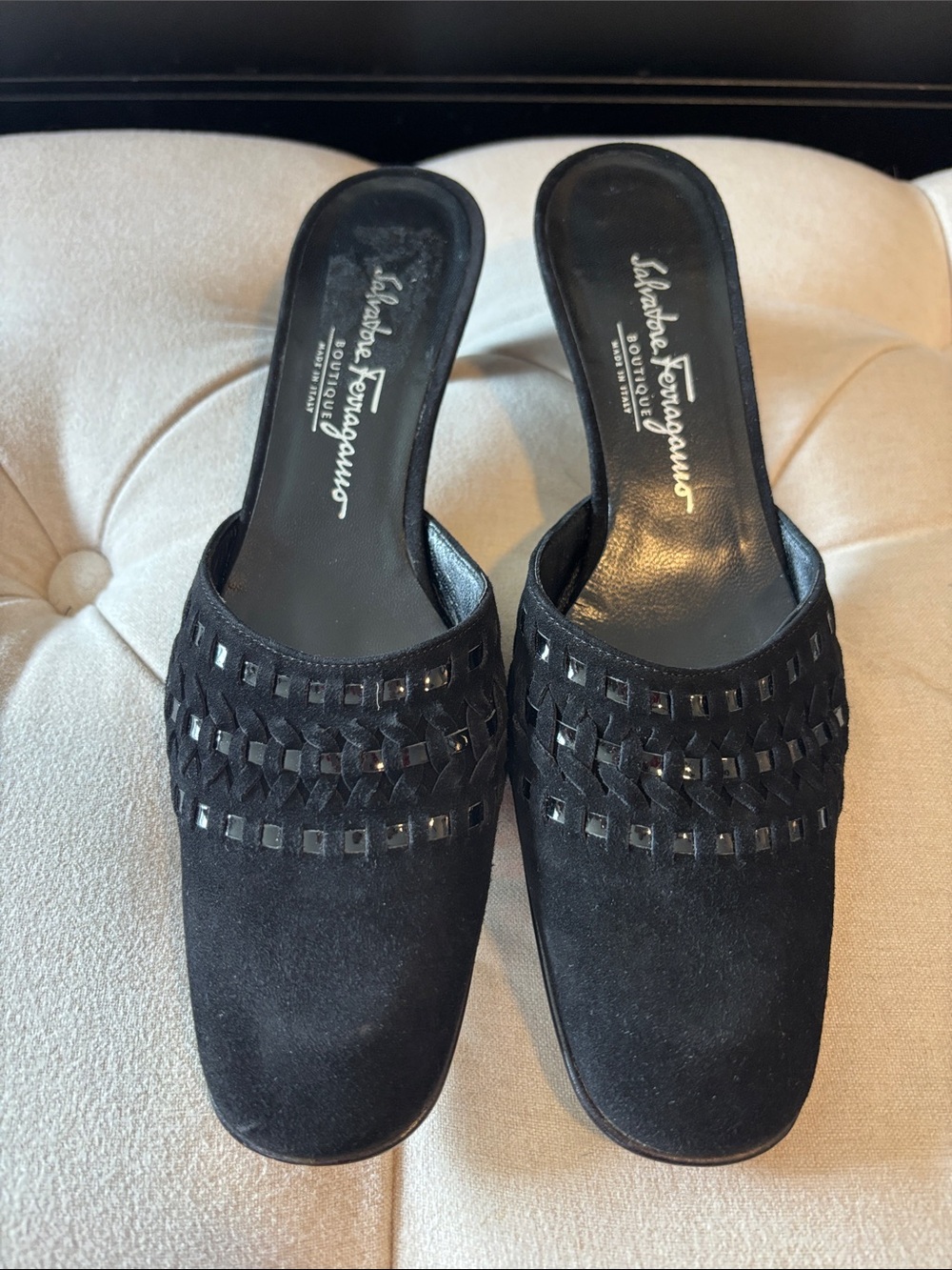 Salvatore Ferragamo Black Suede Woven Slip-On Mules Never Worn